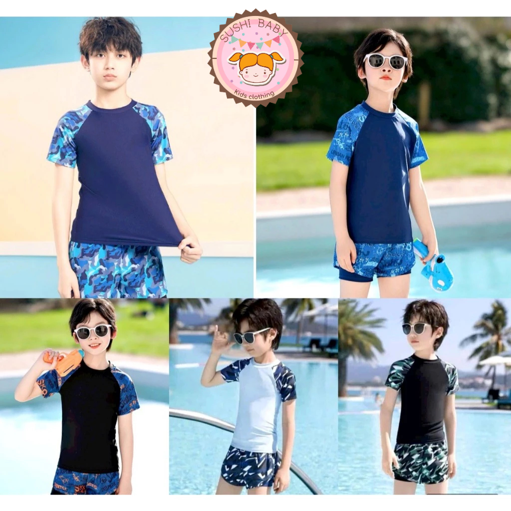 (10-50kg) Set đồ bơi 2 mảnh màu loang, in chữ nổi bật phối quần 2 lớp cho bé trai đi biển, du lịch