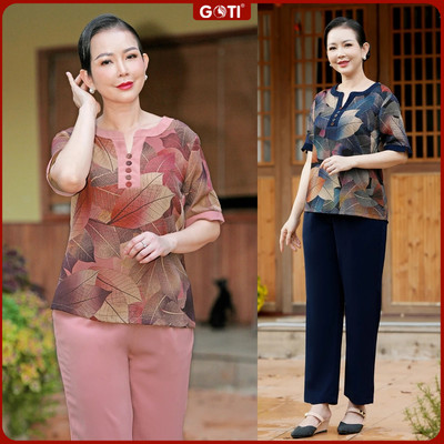 GOTI Đồ Bộ Trung Niên Nữ Chất Lụa Cao Cấp Siêu Mát Mặc Lễ Tết Thoải Mái Cho Mẹ Bigsize 45-80Kg 3419