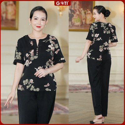 GOTI Đồ Bộ Lụa Thiết Kế Trung Niên Nữ Chất Lụa Cao Cấp Siêu Mát Quần Lưng Thun Cho Mẹ 3421