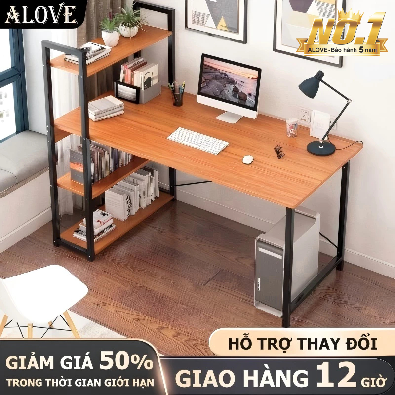 ALOVE Bàn làm việc bàn học 1m 1m2 chân sắt sơn tĩnh điện kèm giá sách dễ lắp ráp full phụ kiện