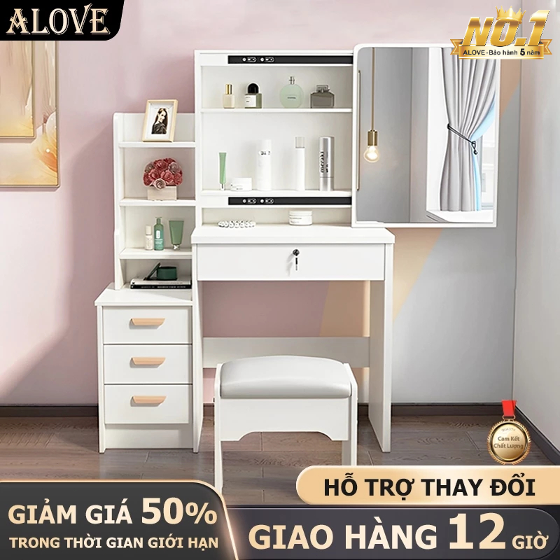 ALOVE Bàn trang điểm gỗ LED Ngăn kéo nhiều tầng 80CM Các chức năng khác nhau bàn trang điểm