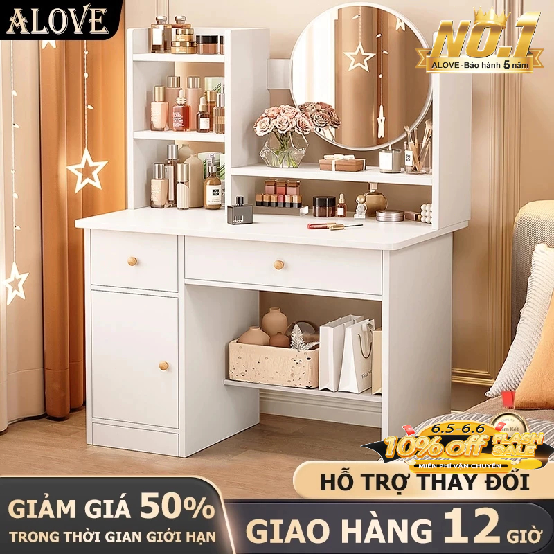  ALOVE Bàn trang điểm phong cách hiện đại có đèn lED có 2 ngăn kéo tủ để đồ trang điểm decor làm việc 
