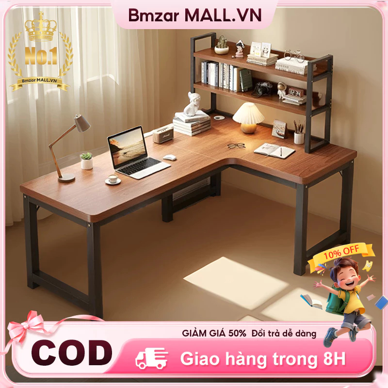 BMZAR Bàn máy tính chữ L có kệ sách Bàn làm việc góc tiết kiệm không gian cho phòng ngủ, văn phòng