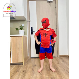 (SN13+Áo Choàng)bộ quần áo siêu nhân nhện tay ngắn có mũ chùm đầu + Tà bay siêu nhân nhện có mặt nạ 11-33kg