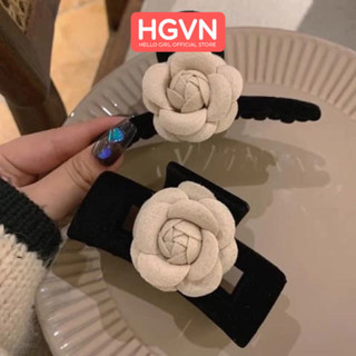 Kẹp Tóc Càng Cua Nhung Đen HGVN Đính Hoa Trà Cao Cấp Phong Cách Hàn Quốc Cỡ Lớn Dành Cho Nữ Hottrend 2023