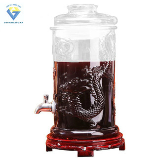 Bình ngâm rượu thủy tinh 15 lít có van dáng trụ có hoa văn rồng