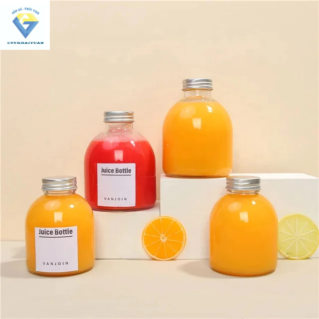 Chai thủy tinh MẬP LÙN nắp bạc 350ml / Chai 350ml bằng thủy tinh nắp vặn kín đựng nước detox