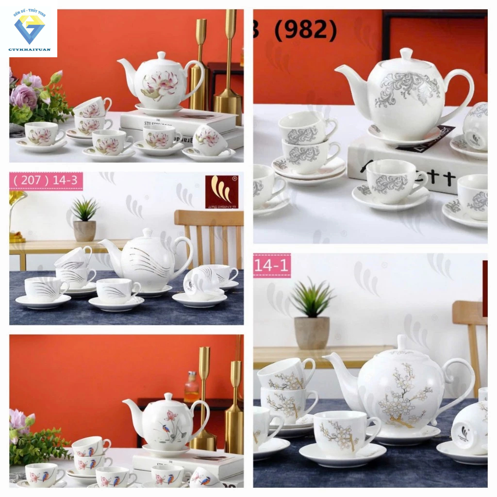 Bộ tách trà sứ kiểu dáng Hàn Quốc nhiều kiểu dáng gồm 1 ấm trà, 6 ly quai sứ, 7 dĩa đựng ly có hộp l