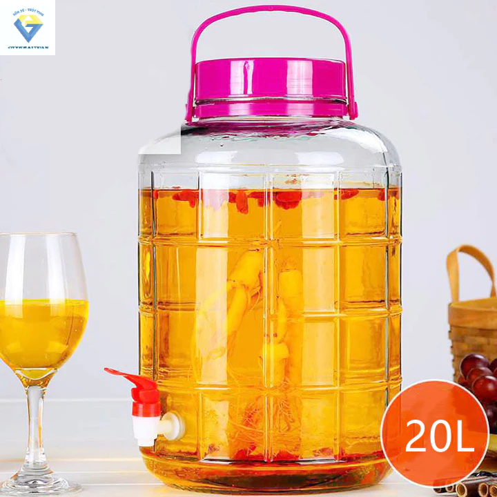 Bình thuỷ tinh có nắp 22L / Bình Ngâm Rượu Thủy Tinh thể tích thực 18 - 20l Lít Quai Xách - Có Van
