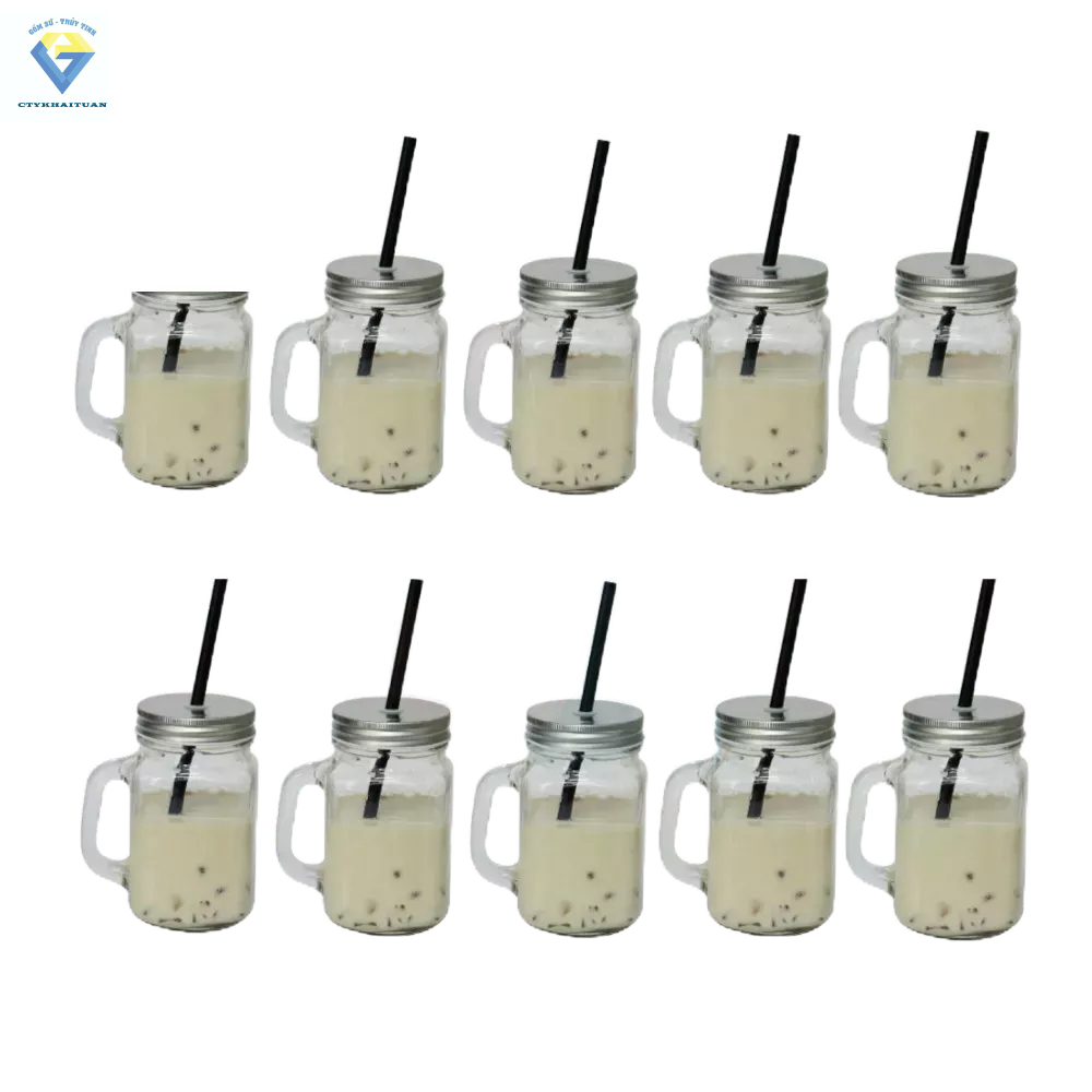 Bộ 10 Ly Thủy Tinh 450ml / ly quai uống Trà Sữa 450ML Nắp có lổ và không lổ