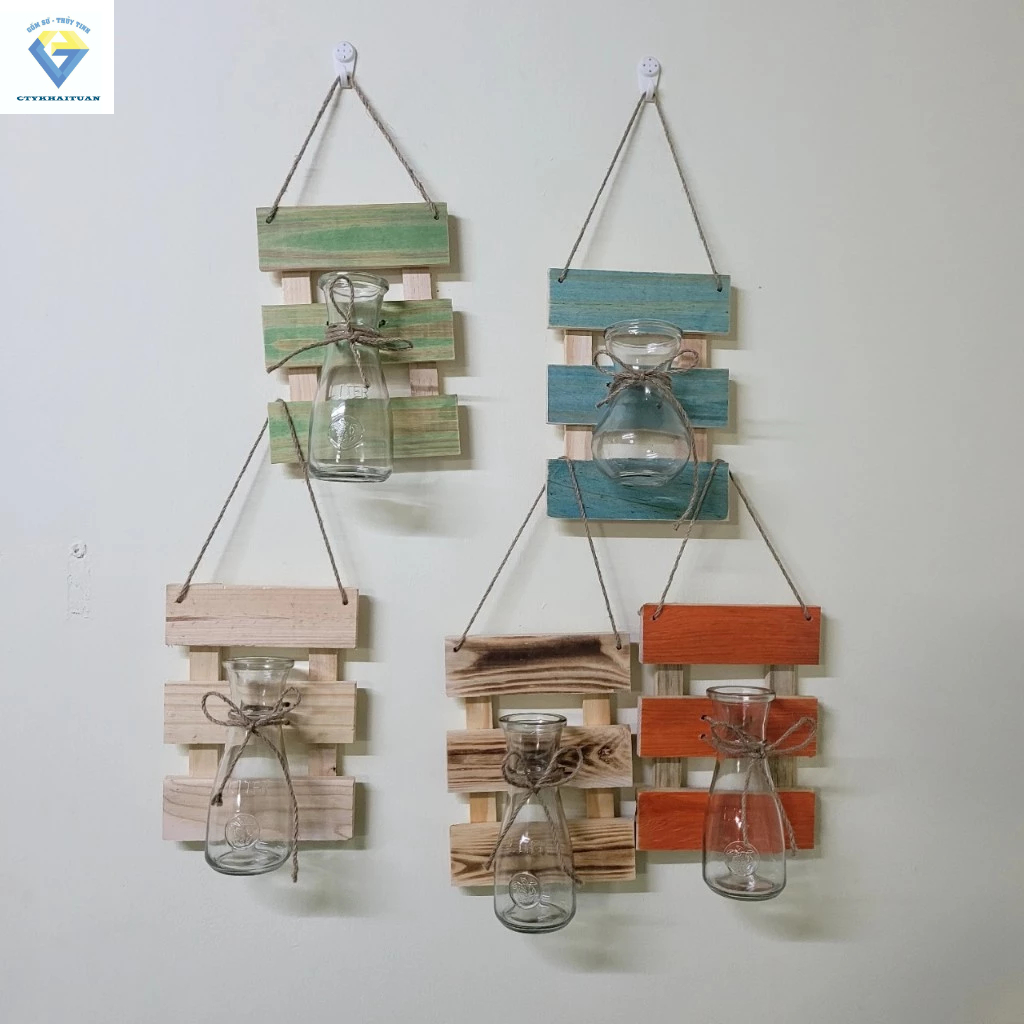 Khung gỗ treo tường 3 thanh kèm lọ thủy tinh cắm hoa EO NHỎ nhiều màu cực xinh / lọ hoa treo tường trang trí - GEO