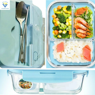 Hộp đựng cơm chữ nhật 1 lít lớn 3 ngăn kèm MUỖNG ĐŨA - hộp thuỷ tinh đựng thực phẩm dày chịu nhiệt cao cấp dùng lò viba