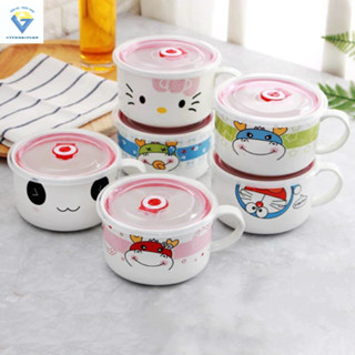 Ly sứ ăn mì có quai có nắp đậy chân không in hình ngẫu nhiên