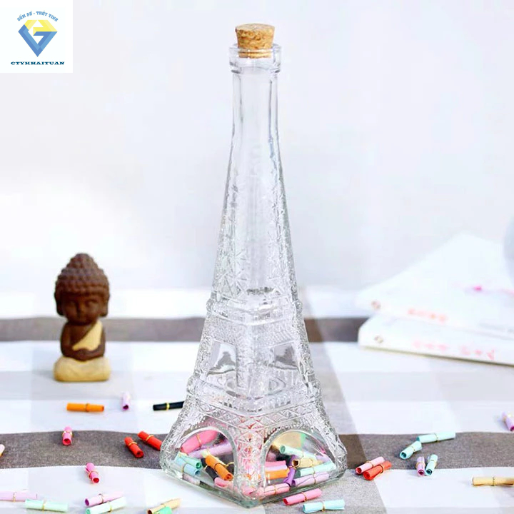 Bình thủy tinh THÁP EIFFEL ĐẠI nút bần / chai lọ thuỷ tinh 350ml nắp nút gỗ