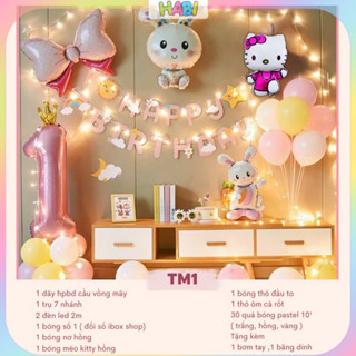 Combo set bóng bay trang trí sinh nhật thỏ mèo TM cho bé gái tone hông dễ thương tặng kèm bơm tay băng dính