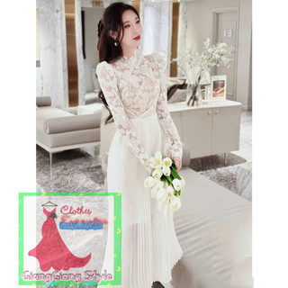 VÁY REN HOA TAY DÀI CỔ CAO ĐÍNH HẠT PHỐI TÙNG DẬP LY FORM DÀI 240724