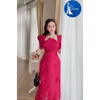  Áo dài Nữ  cách tân thiết kế cổ yếm đính kết hoa nổi tat ngắn bồng xinh xắn 