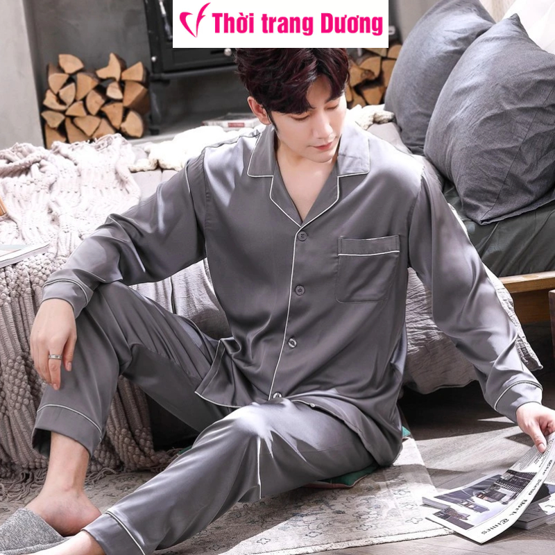 Đồ bộ mặc nhà pyjama nam dài tay form rộng vải lụa satin mềm mại, thoáng mát G8753D - Thời Trang Dương