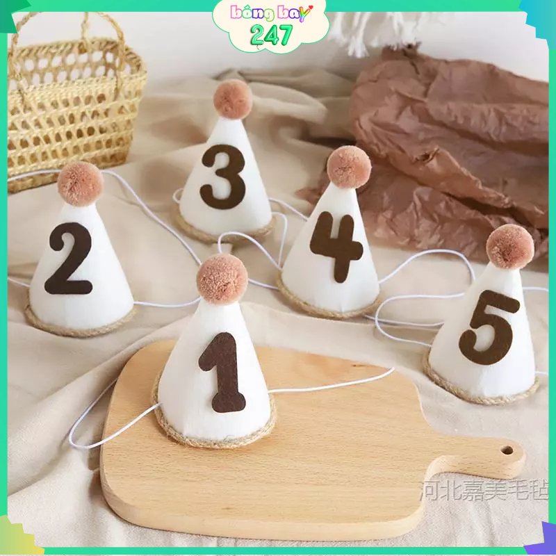 Mũ Dạ Trắng Số Tuổi Từ 0-9 Trang Trí Sinh Nhật Phong Cách Hàn Quốc