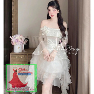 VÁY KIM TUYÊN PHỐI THÂN KIM SA TRỄ VAI TAY LOE DÀI 121123