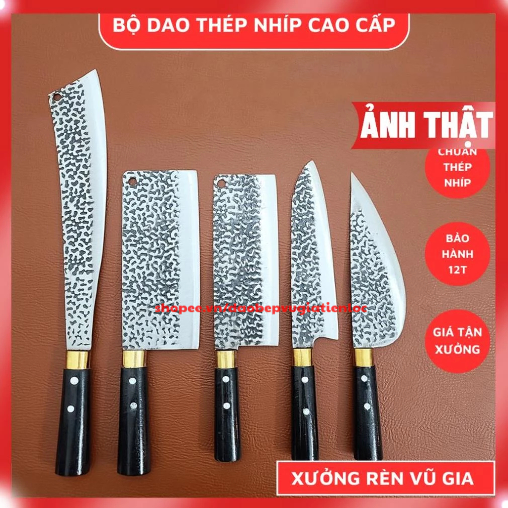Bộ Dao Làm Bếp Thép Nhíp Dập Vân 2 Mặt, Dao Chặt Cây, Chặt Xương, Thái Lọc  - Dao bếp Vũ Gia Tiến lộc