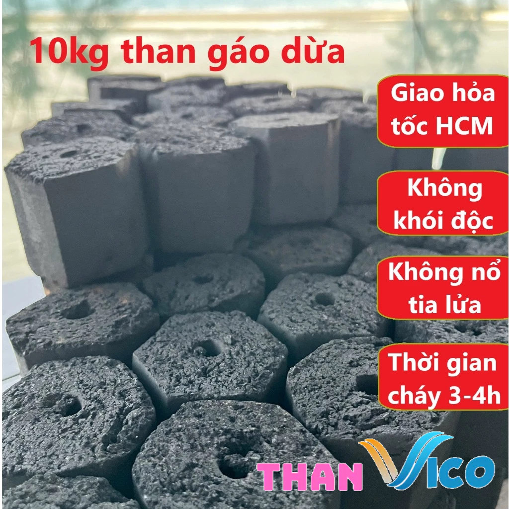 Than gáo dừa nướng BBQ không khói độc, 10kg than sạch VICO nguyên liệu hoàn toàn tự nhiên