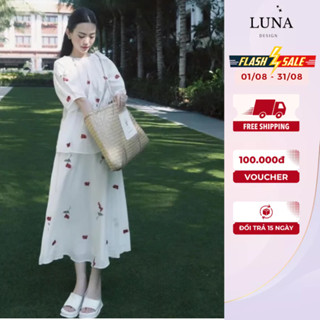 Set Đồ Hot Girl Luna Design Áo Kiểu Babydoll Tay Bồng Phối Hoa Kèm Chân Váy Dáng Suông Đi Du Lịch Dạo Phố Sang Chảnh