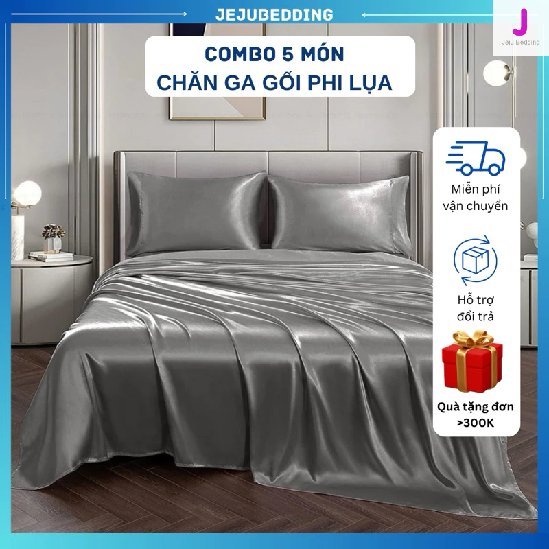 [ BỘ 5 MÓN] Chăn ga gối phi lụa JejuBedding - Drap phi lụa mát mịn