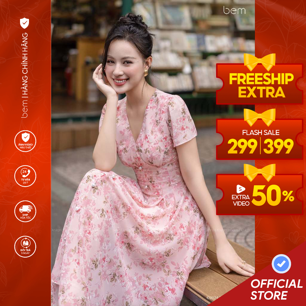 Đầm Hoa Nhí Màu Hồng Dáng Xòe Midi Cổ V Đắp Chéo Cổ Điển Bem Design (DR641)