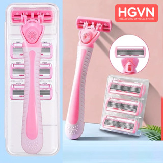Dụng cụ dao cạo cầm tay cho nữ loại bỏ lông mu chân tay nách vùng kín lưỡi 6 lớp chống xước da có hộp đựng tặng 3 lưỡi