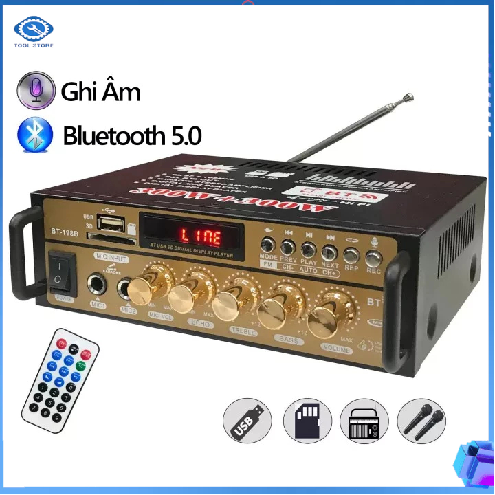 Ampli Bluetooth mini, amply karaoke TLC BT-198B-B, thu âm kết hợp BT-198A, echo siêu êm