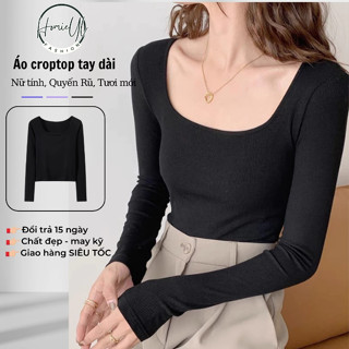 Áo croptop nữ cổ vuông trơn trắng dài tay ôm body Homieyl cao cấp, áo thun crop nữ cotton đẹp HL204