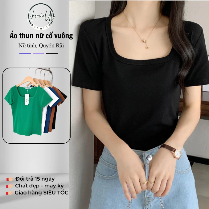 Áo thun nữ trơn cổ vuông cộc tay ngắn ôm body trắng HL221 Homieyl basic cao cấp, áo phông trơn nữ co