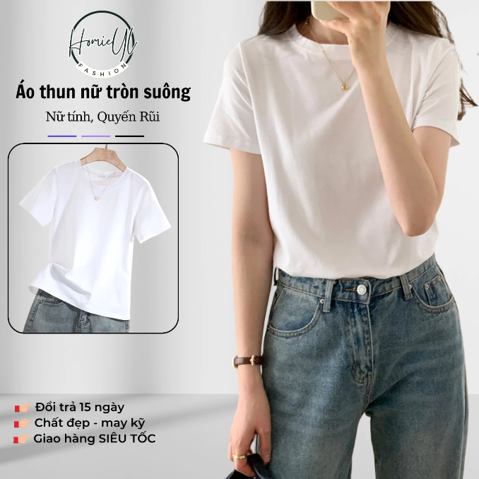 Áo phông nữ trơn cổ tròn tay ngắn dáng suông màu tím trắng đen form vừa basic Homieyl cotton cộc tay HL207R