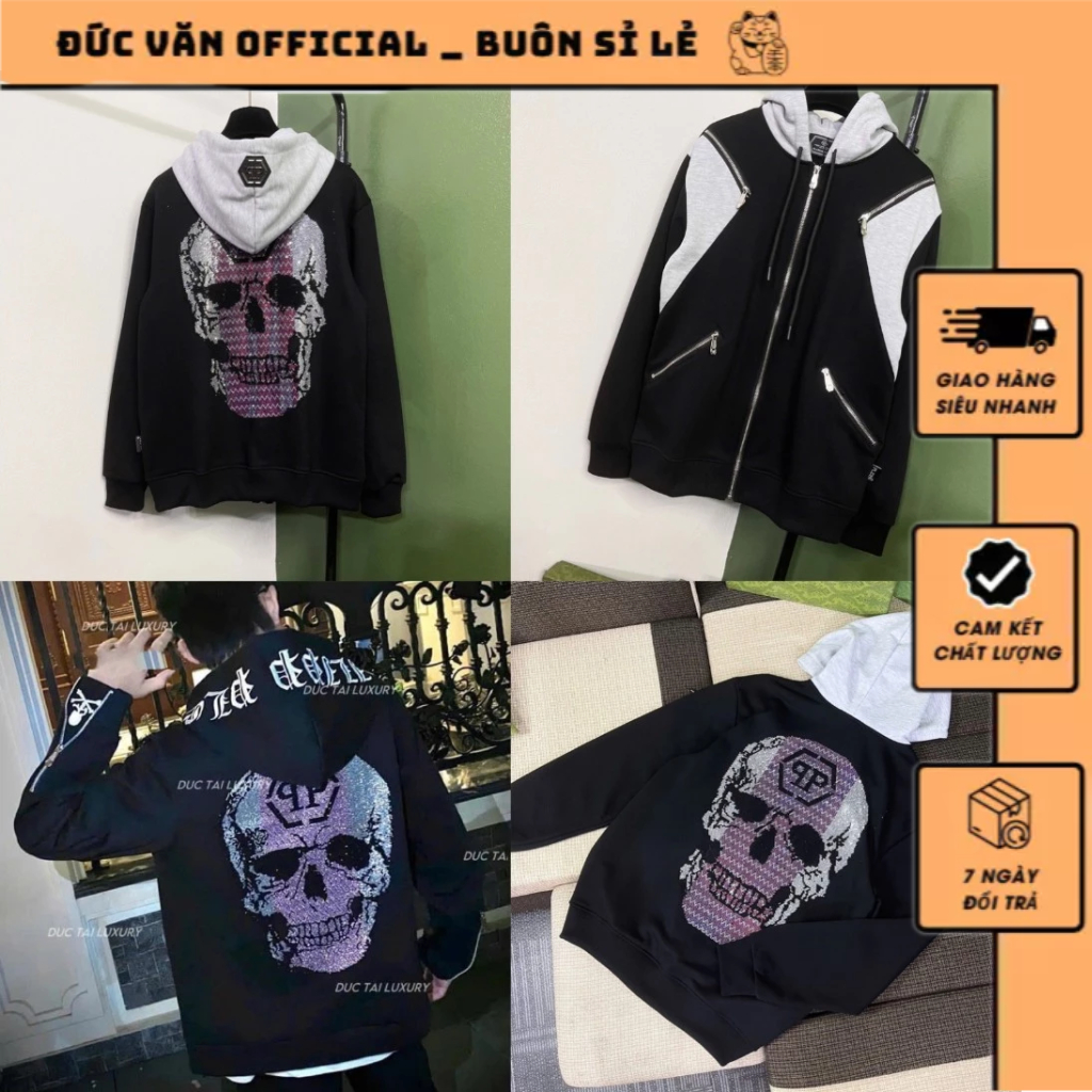 Áo Khoác Mũ Khóa Zip Hoddie Philip Đính Đá Mix Logo Titan Siêu Nét_Áo Khoác Philip Bản Neww Vải Nỉ Chân Cua Tàu Dày Dặn