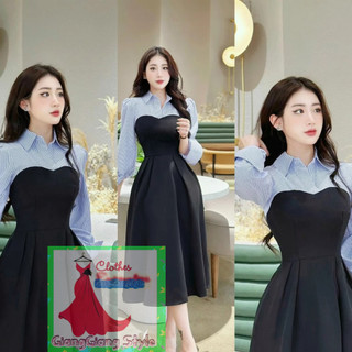 VÁY XÒE CỔ SƠ MI SỌC TAY DÀI 130824