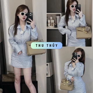 Váy Kể Xanh Sơ Mi Chất Thô Mềm Mát (Tặng Kèm Hoa Trà)