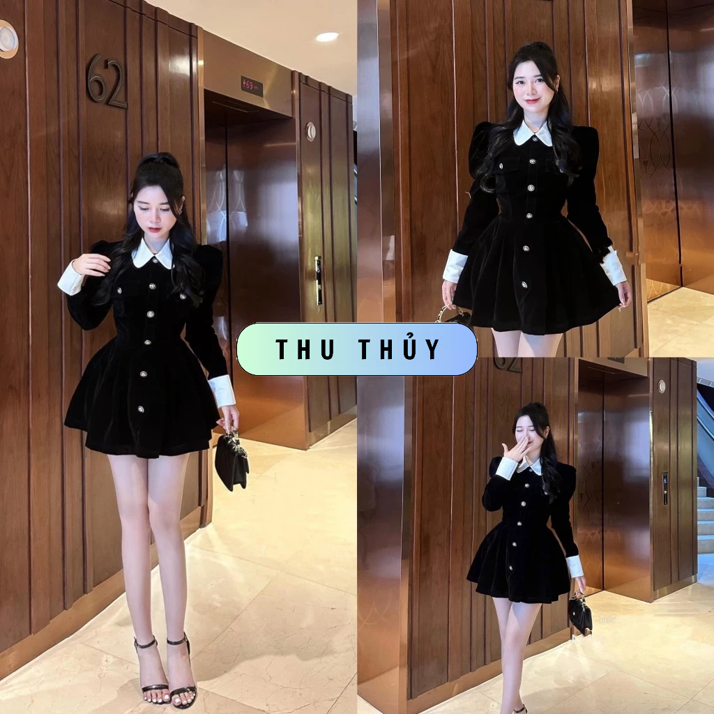 Váy Nhung Cổ Sen Cúc Đồng Siêu Tiểu Thư