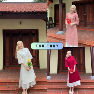 Áo Dài Tết Cách Tân Chất Liệu Nhung Tăm Dày Dặn Kèm Chân Váy Cao Cấp