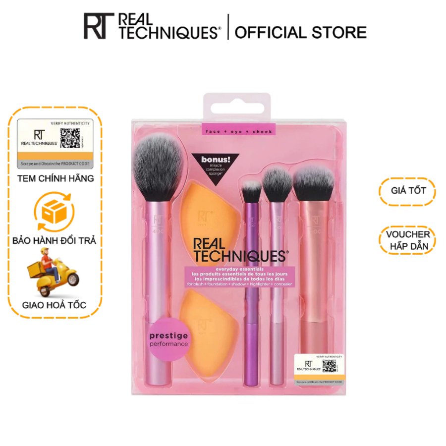Bộ 4 Cọ Kèm 2 Mút RT Real Techniques Everyday Essentials Plus