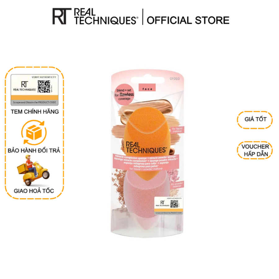 Set 2 mút cam tán nền và mút hồng phủ phấn RT Real Techniques