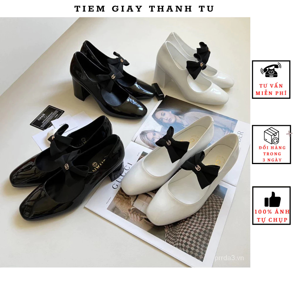 Giày cao gót búp bê đính nơ gót trụ 7p, da bóng mềm hàng cao cấp fullbox