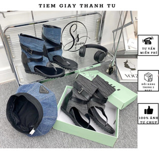 Bốt KALY nữ thời trang xỏ ngón độn đế cổ cao  chất jean cao cấp