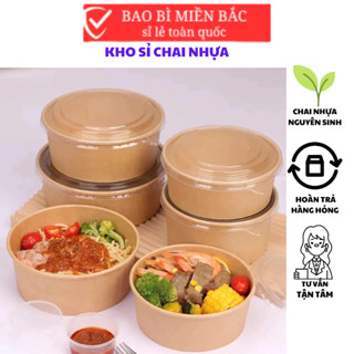  Set 100 tô giấy Kraft cao cấp 500ml 750ml 1000ml kèm nắp tô giấy đựng thức ăn nóng không thấm dầu 
