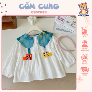 Váy Áo Babydoll Trắng Pha Cổ Xanh Hình Đôi Giày Dành Cho Bé Gái, Thời Trang Trẻ Em Thu Đông, Hàng QC Cao Cấp Loại 1