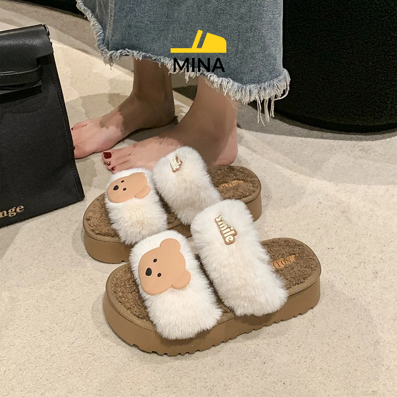 Dép lông nữ hình gấu dễ thương, dép bông đi trong nhà siêu êm, phong cách Hàn Quốc Smile Bear