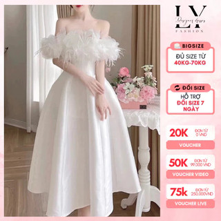 Đầm tafta trễ vai dáng dài đính lông vũ sang trọng Đủ size 40 -70kg VTT082