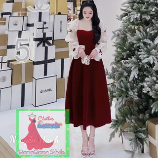 VÁY NHUNG XÒE DÀI PHỐI TAY BO CHUÔNG ĐÍNH NƠ NHÍ 071223
