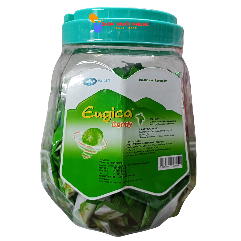 Kẹo ngậm Eugica Candy MEGA We care hỗ trợ làm ấm, thông cổ hũ 400 viên