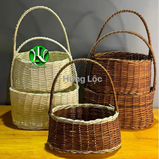 Giỏ mây cắm hoa dạng túi xách, màu trắng và màu nâu, cắm hoa tươi, hoa giả trang trí decor nhà cửa